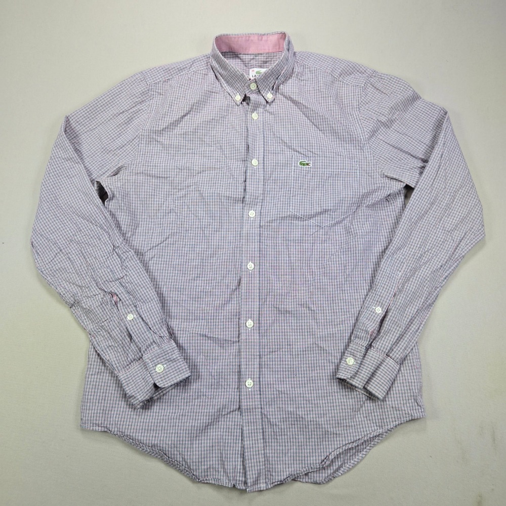 Lacoste Button Down Shirt‎ Micro Check Regular Fit Red Navy Mens 39 Medium